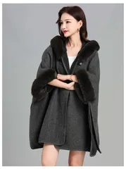 ポンチョ レディース コート 秋冬 着物 ポンチョコート ケープ ファー付き 着物用 和装 洋服 アウター マント サイドス 前開き フード付き