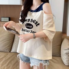 トップス Ｔシャツ 半袖 レイヤード フェイク ロゴ プリント 夏 レディース 韓国ファッション 肩 オフショル タンクトップ カジュアル 重ね着