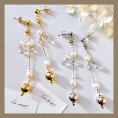 シンプル ロング フォーマル＊淡水パール クリアガラスビーズ メタル ロング 華奢 ハンドメイドピアス イヤリング キレイ 揺れる 上品 ブライダル アレルギー対応