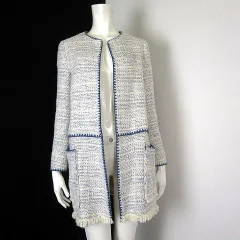 ザラ ベーシック ZARA BASIC ジャケット ロング ツイード フリンジ ノーカラー トッパー 羽織り 長袖 XS アイボリー オフ白 青 ブルー