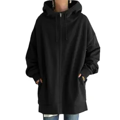 【新品】 [ASARANS] ロングパーカー パーカー レディース アウター トップス ロング丈 裏起毛 ゆったり ジップアップ フード付き 体型カバー おしゃれ (JP, アルファベット, M, ブラック) 1