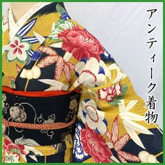 504aa9◇アンティーク着物 牡丹 橘 梅 椿 矢羽根 地紋 レトロモダン 大正ロマン 昭和レトロ 和洋MIXコーデ ジュニアにも◇状態良好