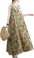 blue beryl ワンピース レディース ロング ノースリーブ フラワープリント シック Aライン サマードレス 綿混 ふんわり おしゃれ きちんと感 ヘルシー 裏地なし 高見え オオキイ 大人っぽい 軽い 簡単 軽量(グリーン,  L)