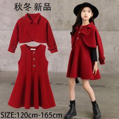 2024 新作 秋冬 新品 韓国 子供服 セットアップ 女の子 お姫様 誕生日 結婚式 クリスマス 赤い 2点セット キッズ 長袖 ショート丈コート+ジャンパースカート おしゃれ カワイイ スウィート 子ども服 小学校