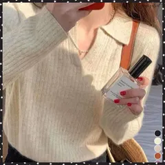 スキッパーニット韓国風リブニットトップス 暖かい Vネックニットレディースきれいめ おしゃれニット長袖 リブセーターオフィスカジュアル 洗えるニットチクチクしない 襟付きニット秋冬服 大人可愛いトップス セーターきちんと感