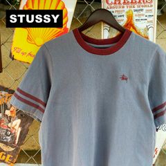 STUSSY ステューシー リンガー Tシャツ Mサイズ ワンポイント 刺繍 ロゴ グレー ワインレッド 10672