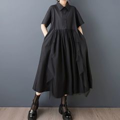 モード系  美しい クール メッシュ  個性派 ポロ襟  ブラックメッシュ  シャツワンピース 異素材　ニューデザイン  フラップハー  フスリーブ   Aライン   ミディシャツドレス
