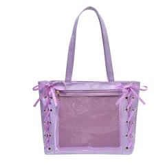 [ハルジオ] 痛バッグ 痛バ A4 痛バック サテン レースアップ トート トートバッグ 推し活バッグ いたバック 推し活 オタ活 推し バッグ バック 可愛い 大容量 人気 いたばっぐ いたばっく いたば リボン黒 白 青 紫 水色 シルバー  [パープル]