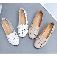 メッシュ フラットシューズ リボン ローヒール ラウンドトゥ パンプス