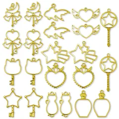 【特価】レジン枠 空枠 フレーム 11種22個 大量 セット カン付き ゴールド 鍵 ハート 猫 金魚 星月 香水 セッティング アクセサリーパーツ