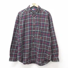 XL/古着 トミーヒルフィガー 長袖 ブランド シャツ メンズ 90s ワンポイントロゴ 大きいサイズ コットン ボタンダウン 紺他 ネイビー チェ