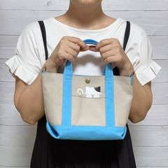 【可愛い！】猫ポケットのトートバッグ(ブルー)