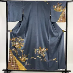 ダブル／ミストブルー 付下げ 雷神 地紋 手染 金彩加工 裄65 やや