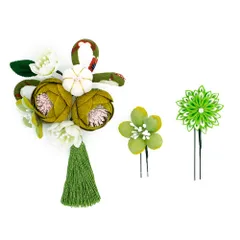 髪飾り 成人式 つまみ細工 振袖 前撮り 袴 花 3点セット 緑 黄緑 白 黒 ゴールド ちりめん 組紐 房 和柄 ラインストーン レー No.12-0362