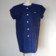 【[値下げ交渉歓迎]】ANTONELLI アントネッリ イタリア製 リネン100％ ノーカラー ブルーワンピース チュニックワンピース 青 麻素材 ゆったり 即購入OK A-24