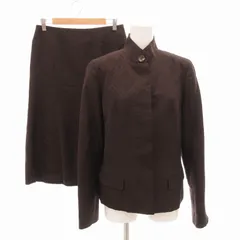 バーバリー ロンドン BURBERRY LONDON スカートスーツ セットアップ カジュアル スタンドカラージャケット ひざ丈 フレア シャドーチェック ウール 茶 ダークブラウン 42 L ■GY14 /TZのサムネイル