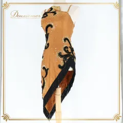 社交ダンス 衣装 ラテン ドレス ワンピース ラテンドレス フリンジ 黒 茶色 ゴールド 高級感 デモ 競技 ダンス パーティ 発表会 ブラウン系 高級 ドレス デザイン おしゃれ フリンジ ステージ 輝き シンプル 発表会用 女性用 ダンス衣装