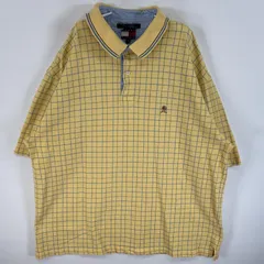 古着 90's/90年代 トミーヒルフィガー TOMMY HILFIGER 鹿の子 半袖 ポロシャツ ワンポイント ロゴ 刺繍 大きいサイズ 格子柄 XXL  イエロー系 チェック メンズ