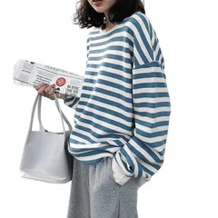 【新着商品】冬 秋 春 可愛い 韓国 通勤 おしゃれ オーバーサイズ プルオーバー 大きいサイズ 薄手 重ね着 無地 スウェット ロング ボーダー 長袖 レディース トレーナー クルーネック ボーダーTシャツ グオーリーブナー [Guooryvner]