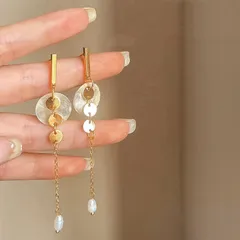 淡水パール ロングピアス 925銀 ハンドメイド ゴールド 14K仕上げ 揺れる 大人 天然シェル 可愛い 海