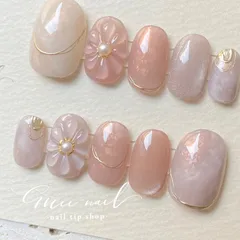 キラキラちゅるんのぷっくりフラワーꔛ　ネイルチップ　付け爪　ネイル　ブライダル　成人式　シンプル　ミラー　ブライダルネイル　もやもやネイル　ニュアンスネイル