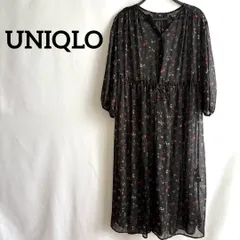 UNIQLOユニクロ黒ブラックS長袖ロングワンピース総柄花柄羽織もの透け感