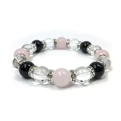 ローズクォーツ×水晶×オニキス パワーストーン ブレスレット 10mm（シルバー）メンズ・レディース 男性・女性 数珠ブレス 開運   [c]