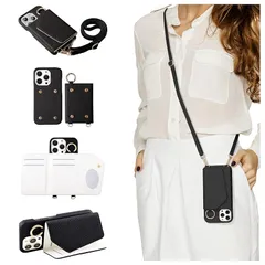 Handodo iPhone 12 /iPhone 12 Proスマホケースヴィーガンレザーショルダー タイプ背面カード収納肩掛け 斜めかけ リング付き ミラー付き カード収納 背面ポケット 財布付き マグネットなし レザー ストラップ付き(ブラック) 1