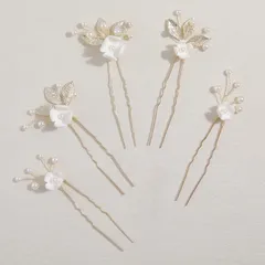 【在庫処分】ヘアアクセサリー 花 木の葉モチーフ パールヘアピン 5本セット Uピン 髪飾り ヘッドドレス ウェディング 結婚式 お呼ばれ 披露宴 卒業式 Famihot 発表会 和装用 手作り髪飾り 合金製 (01)