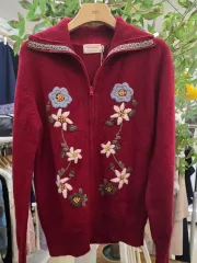 バーガンディー 花 刺繡 ニット ジップアップ カーディガン