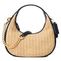 コーチ バッグ COACH ストロー レザー 三日月型 かごバッグ カルメン ミニ ロゴ 2way チェーン クロスボディ 斜め掛け ショルダーバッグ ハンドバッグ トースト×ブラック CAL02