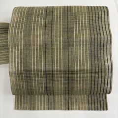 名古屋帯 美品 秀品 夏帯 縞 箔 灰緑 正絹 【中古】