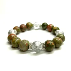 12mm 四神獣銀彫水晶×ユナカイト パワーストーン ブレスレット天然石 運気上昇 開運 健康運 お守り 青龍 白虎 玄武 朱雀 （シルバー）メンズ・レディース　男性・女性　数珠ブレス　開運  [f]