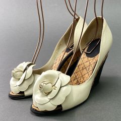 4e10 CHANEL シャネル カメリア ココマーク コルクウェッジソール パンプス ハイヒール オープントゥ レザーシューズ サイズ37 1/2 アイボリー レザー レディース イタリア製