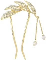 Miaomyao ミャオミャオ 簪 かんざし バチ型 二本足 和装 留袖 着物 髪飾り 金属 アンティーク リーフ フラワー 花 パール ジルコニア U字 コーム ヘアアクセサリー(ゴールド,  小さめ)