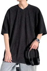 Easykode 半袖tシャツ メンズ 楊柳クレープ オシャレ 服 Vネック トップス ロングtシャツ カジュアル かっこいい( #108：ブラック,  4XL)