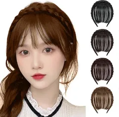 GFun カチューシャ 前髪ウィッグ ぱっつん 重め 三つ編み 総手植え 部分ウィッグ 自然な仕上がり 学園祭 文化祭 通学用 日常 コスプレ(ライトブラウン)