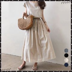 リネン風ワンピース レディース 春夏半袖フレンチスリーブ チェック柄 ロングワンピース ハイウエスト Aラインワンピース クルーネック 体型カバー 綿麻風ワンピ韓国ファッション夏 リゾートワンピース きれいめワンピース