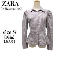 【美品】ZARA　ザラ　パワショル　パフスリーブ　チェック柄　ブラウス　シャツ　くるみボタン　黒×紫×白　EUR S　レディース コットン100%　洗える