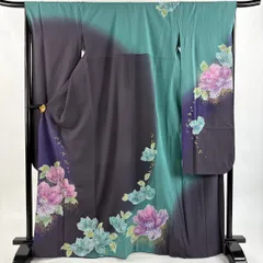 振袖 身丈168cm 裄丈66cm M 袷 草花 金彩 染め分け 灰紫 正絹 秀品 【中古】