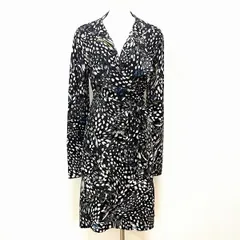 #wnc ダイアンフォンファステンバーグ DVF ワンピース M 黒系 白 ニット ウール 総柄 ラップワンピース カシュクール レディース [850167]