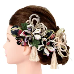 髪飾り 成人式 水引 つまみ細工 振袖 前撮り 袴 花 4点セット 黒 白 ゴールド ちりめん 房 房付き 玉飾り 組紐 和柄 かんざし No.9-5122