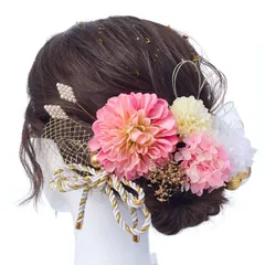 『数量限定』 着物 浴衣 振袖 花火 袴 飾り ヘッドドレス かすみ草 前撮リ アンティ一クベリ一 結婚式 和玉 七五三 マム ヘアアクセサリー 金箔 入学式 水引 豪華 ドライフラワー 可愛い 成人式 和装小物 卒業式 (ピンク) ［R-QINYUER］髪飾