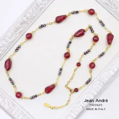イタリア製ネックレス　ベネチアングラス・ムラーノガラス　JeanAndre　ゴールド＆レッド　天然石調　ロング
