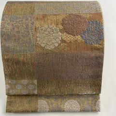袋帯 美品 名品 華文 七宝 金銀糸 箔 山吹茶色 六通 正絹 【中古】