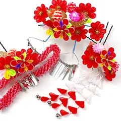 髪飾り 七五三 成人式 つまみ細工 赤 ゴールド 振袖 袴 花 白 ピンク 黄色 紫 黄緑 房 大きい 小さい 4点セット 藤下がり ビラ No.9-4591