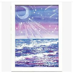幻想的な海の風景画 星空 オイルパステル画原画 ハガキサイズ 絵画 #125 幻想的な海の風景画 星空 オイルパステル画原画 ハガキサイズ 絵画