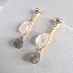 ラブラドライトとローズクォーツドロップカットのスタッドピアス（チタン）　#65