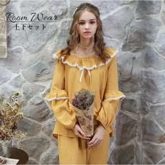 パジャマ 上下セット ルームウエア レディース フリル 部屋着 ルームウェア 長袖 長ズボン プルオーバー レースつき リボン 女性用 婦人用 ナイト