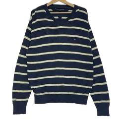 TOMMY HILFIGER/トミーヒルフィガー Vネック ニット セーター ワンポイント刺繡 CHINA製 メンズ Lネイビー